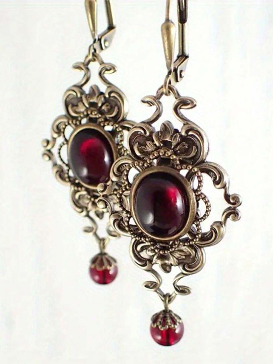 1Pc Exquisite Vintage Copper Inlaid Synthetic Blood Red Gem Ladies Earrings Pendant Suitable For Banquet Ball - 多色 - 查看 1