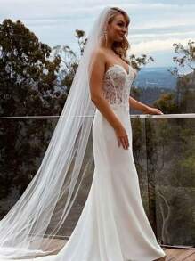 1pc Solid Color Long Simple Elegant Single Layer Bridal Veil, Suitable For Weddings, Soft Mesh Women's Holiday Headpiece Fall Clothes For Women