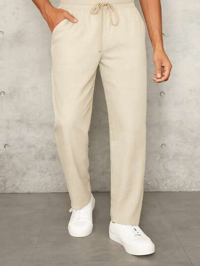 Calças Longas e Ajustadas de Cintura com Cordão Sólido para Homens em Linho Fresco, Cor de Caqui Liso, Ideal para Sair