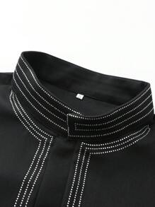 穆斯林男士长袍，长袖，立领，热钻，时尚沙特阿拉伯宽松男士长袍，伊斯兰宽松正装长袍 - 黑色 - 查看 5