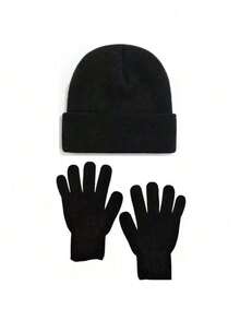 Winter Kit Hat And 01 Pair Of Plain Black Gloves One Size Adult Female And Male - 黑色 - 查看 1