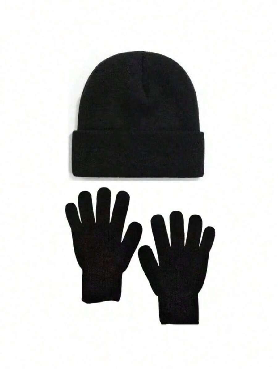 Winter Kit Hat And 01 Pair Of Plain Black Gloves One Size Adult Female And Male - 黑色 - 查看 1
