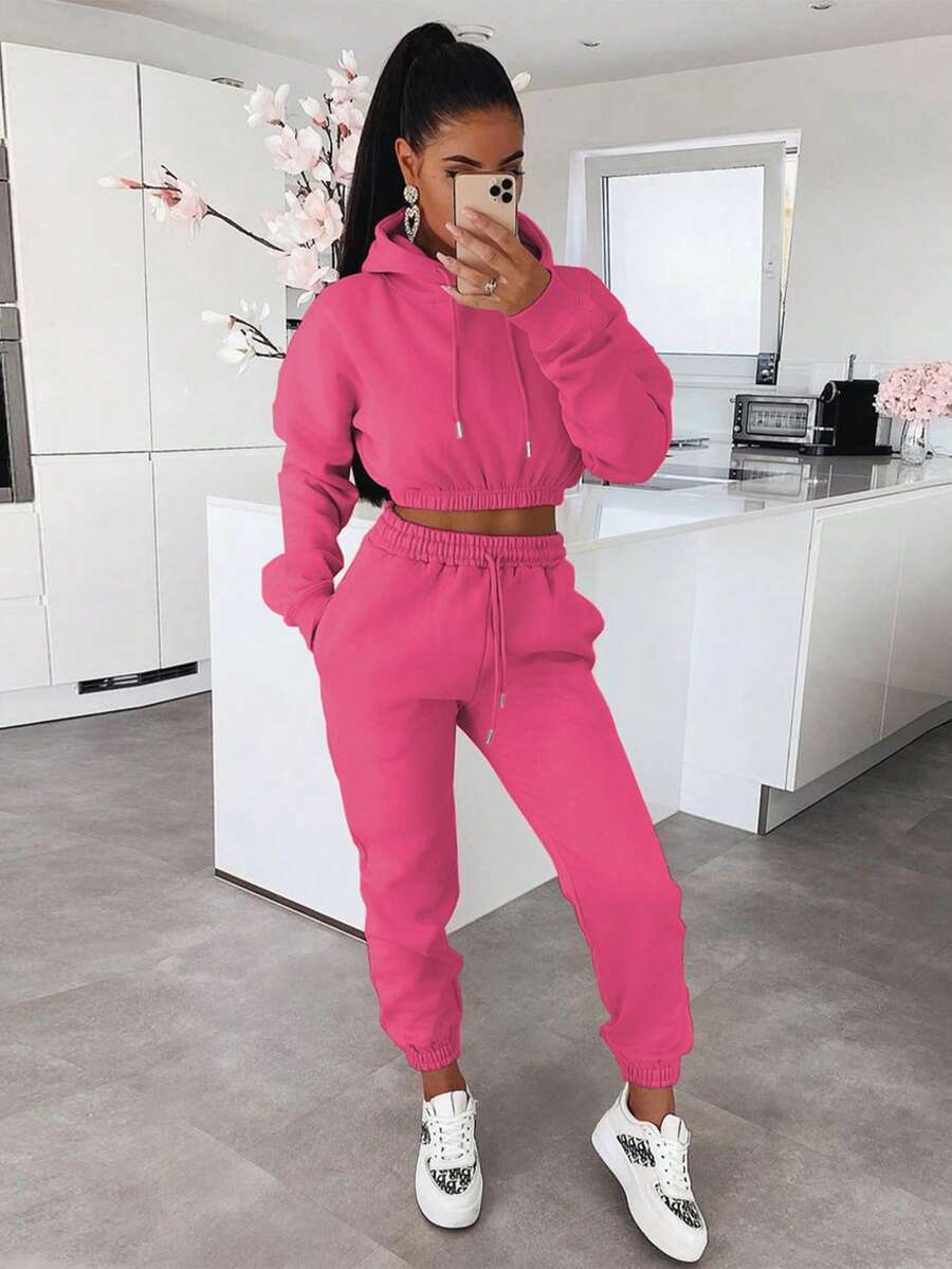Women's 2 Pieces Thermal Lined Casual Set, Includes Long Sleeve Hoodie Sweatshirt Top And Slim Fit Sweatpants, Autumn/Winter - Hot Pink - View 1