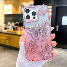 Korean Ins Style Electroplated Silicone Phone Case Compatible With IPhone 16 Pro Max, 3D Rhinestone Butterfly Design, Soft Full Coverage Case Compatible With IPhone 14 Pro, 13, 12, Unique Design Compatible With Samsung S25 - Pink - View 2