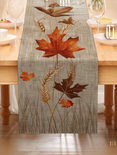 1 pieza Camino de mesa con tema de otoño, patrón de hojas de arce y trigo - Hecho de poliéster, disponible en múltiples tamaños, adecuado para la decoración del hogar y la cocina, Acción de Gracias, Año Nuevo, regalos durante todo el año, decoración del hogar de temporada