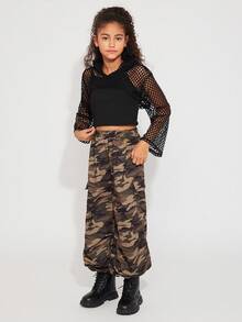 Radiana 3 件套 Tween 女童休闲时尚网眼连帽长袖上衣、罗纹针织背心和迷彩工装裤套装 - 軍綠色 - 查看 3