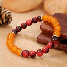 Goodwaro 1pc Prosperity & Good Fortune Elastic Bracelet - 8mm Orange Crystal With Red Gradient Stone, December Birthstone, Perfect Gift For Any Occasion, Gift For Women Men