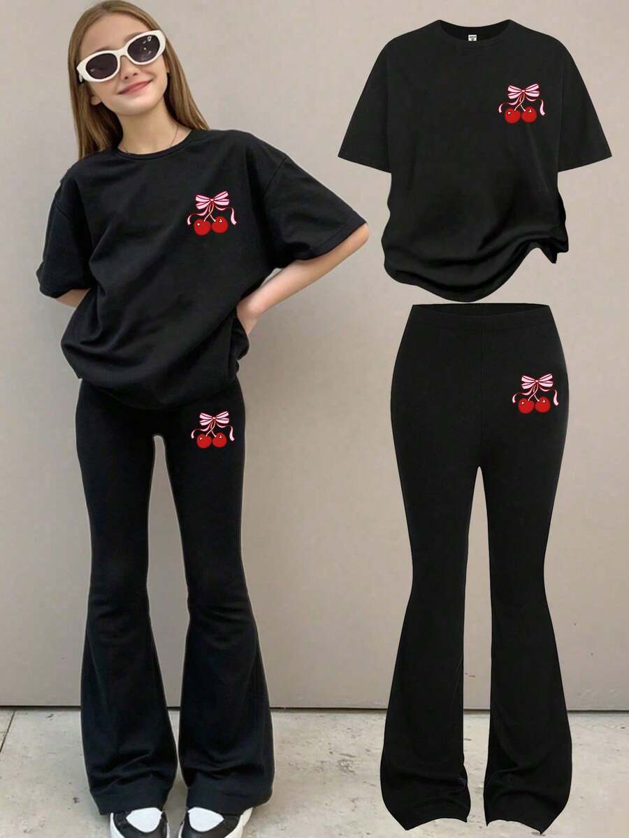 2件套少女蝴蝶结印花短袖T恤和喇叭裤套装,春夏款 - 黑色 - 查看 1