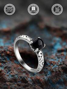 1 件 S925 纯银复古黑玛瑙珠戒指，几何图案情侣戒指，适合日常佩戴、婚礼誓言、情人节、母亲节、音乐节礼物，附赠礼盒 - 復古原子款 - 查看 4