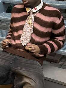 ANDREILEE 秋冬男女通用条纹落肩高街圆领长袖针织衫 - 棕色 - 查看 4