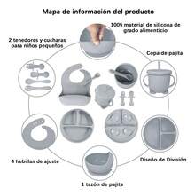 11 pcs Platos Para Bebés De Silicona Con Tazón Cuchara Tenedor Babe Silicona de calidad alimentaria - Gris - Ver 4