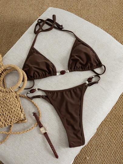 Summer Sexy Solid Color Halter Backless Tie-Up Bikini Beachwear Set