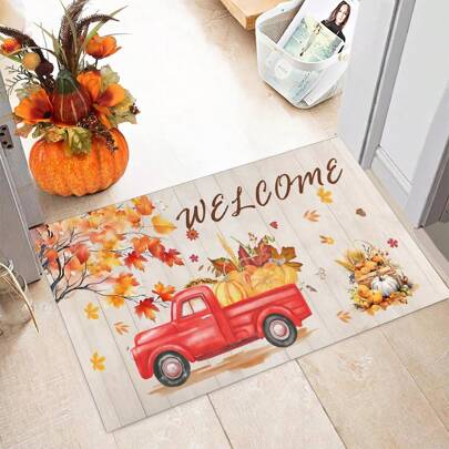 1/2 szt. Jesienna mata kuchenna w kształcie ciężarówki z dynią, antypoślizgowa, zmywalna, w stylu wiejskim, odpowiednia do kuchni, pralni, jesienna dekoracja na Święto Dziękczynienia.