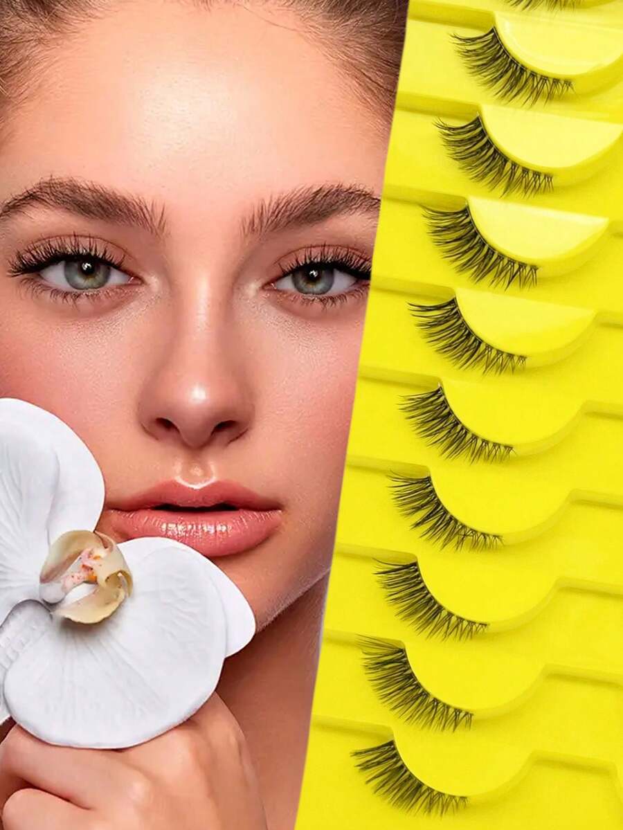 10 cặp mi giả dạng dải trong suốt, dài vừa phải, kiểu mắt mèo 3D, mi giả ngắn mềm mại như lông chồn, thích hợp cho khóe mắt ngoài, tạo vẻ trang điểm tự nhiên.