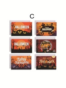 6 arkuszy/opakowanie, kartka z życzeniami na Halloween – pusta w środku, karta z zaproszeniem na Halloween, zestaw kartek informacyjnych – kartki z życzeniami w różnych wzorach z okładką w stylu vintage Halloween na życzenia, pamiątki i prezenty świąteczne (z 6 kopertami i 6 okrągłymi naklejkami), niezbędne artykuły na święta