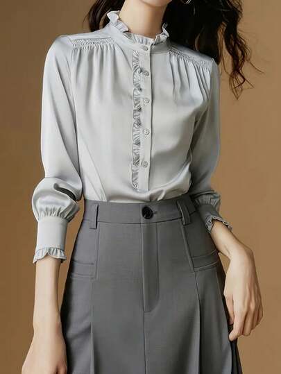Women's Solid Color Button Front Pleated Hem Office Shirt