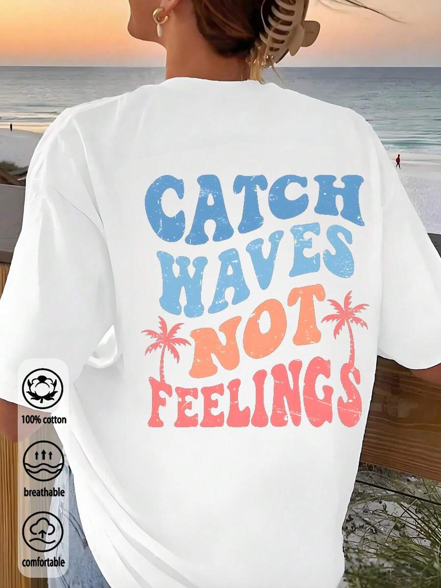 Áo thun nữ tay ngắn thường ngày xuân/hè phong cách mới 2025, thiết kế đồ họa lướt sóng, phong cách mùa hè, chất liệu 100% cotton, vải thoáng khí, kiểu dáng thoải mái, phù hợp mặc đi biển và đi nghỉ, áo thun tay ngắn - trắng - Xem 1