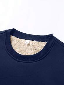 男士纯色圆领长袖休闲保暖内衬厚款运动衫，秋冬 - 藏蓝色 - 查看 5