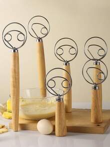 1 pieza Tamiz de harina con mango de madera, Mezclador de masa danés, Batidor de acero inoxidable