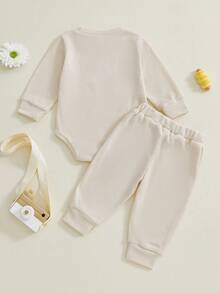 Newborn Baby Boys Outfit Waffle Knit Long Sleeve Mama's Boy Embroidery Sweatshirt Top Pants Set Infant Bodysuit Fall Winter Clothes - 卡其色 - 查看 7