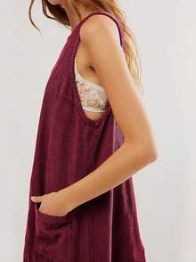 Women's Corduroy Pinafore Dress Jumper Overall Mini Dress With Pockets - Round Neck A-Line Short Sleeve Casual Vintage Fall Dresses For Women - 酒紅色 - 查看 4