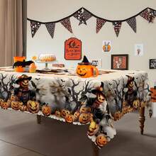1 pieza Mantel con tema de Halloween, estampado desgastado de calabaza espeluznante, espantapájaros, murciélago, cuervo, árbol marchito, decoración para fiesta de Halloween, fiesta de otoño, decoración del hogar para días festivos, apto para interior y exterior, redondo/rectangular/mantel - Multicolor - Ver 2