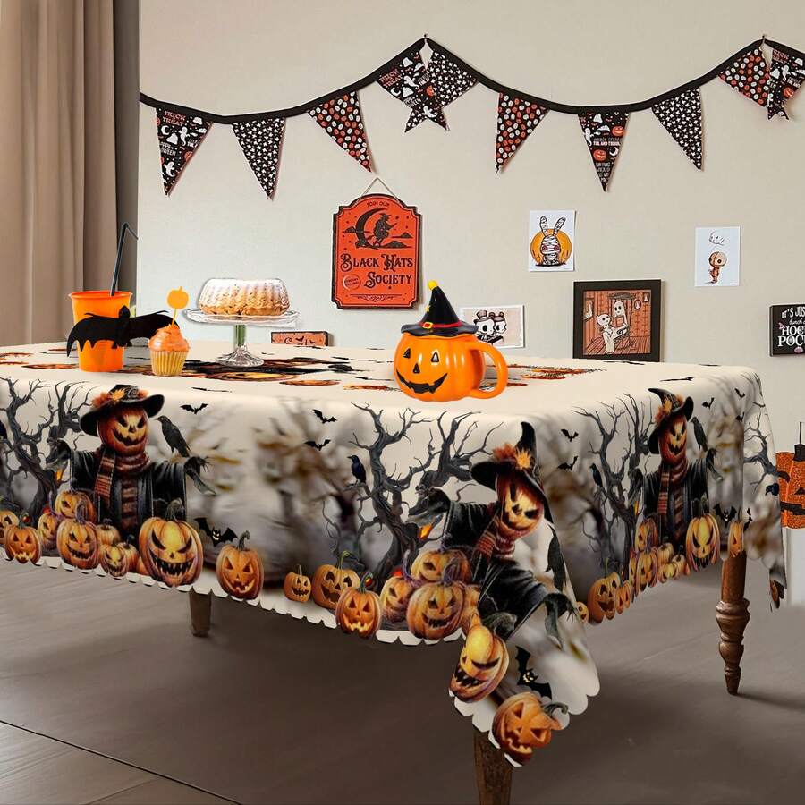 1 pieza Mantel con tema de Halloween, estampado desgastado de calabaza espeluznante, espantapájaros, murciélago, cuervo, árbol marchito, decoración para fiesta de Halloween, fiesta de otoño, decoración del hogar para días festivos, apto para interior y exterior, redondo/rectangular/mantel