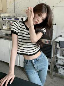 女式撞色条纹圆领插肩针织打底 T 恤，全新夏季百搭上衣 - 黑與白 - 查看 9