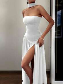 女士优雅双材质吊带无袖高开衩连衣裙，适合婚礼宾客、派对和度假，春夏派对白色 - 白色 - 查看 4