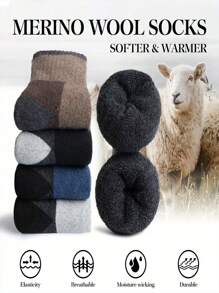 5 Pairs Men's Thick Thermal Crew Socks, Warm Wool Blend Socks For Outdoor Sports Like Hiking, Skiing In Winter