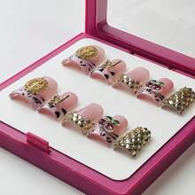 Y2K Duck Nails Short Handmade Press-On Nail Acrylic Nails, 10 Pcs Handmade 2025 Summer Pink Nails Embellished With Leopard Patterns, Gold Charms & Rhinestone Fringes For Party, Wedding, Holiday & Daily Wear-Reusable Gel Acrylic, Easy Application With Jelly Glue Set Included - 彩色 - 查看 5