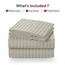 Lux Decor 4 Pc Stripe Bed Sheets, High GSM Brushed Microfiber Bedding Set With Deep Pocket Fitted Sheet & Pillowcases. Soft, Breathable, Hypoallergenic, Easy Care, And Wrinkle Resistant For Year-Round Comfort And A Classic Hotel-Quality Look. - 灰褐色 - 查看 5