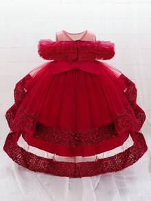 女婴亮片薄纱可爱花童婚礼拖尾礼服，适合派对、生日、外出等场合，不含头饰 - 酒紅色 - 查看 3