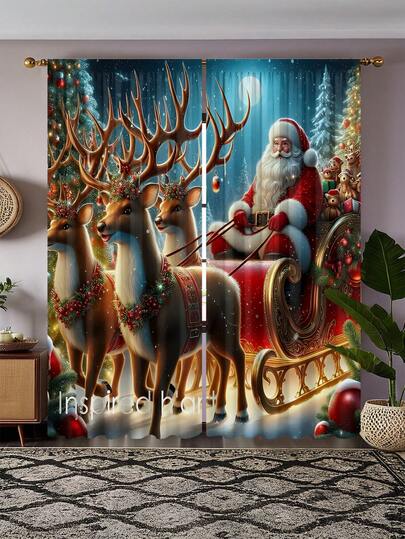 Conjunto de 2 cortinas da série natalina, com estampa natalina elegante, adequadas para quarto, sala de estar, sala de jantar e decoração de casa em todas as estações. Inclui varão e capa para cortina. Laváveis à máquina. Cortinas em poliéster semitransparente. Decoração de Natal.