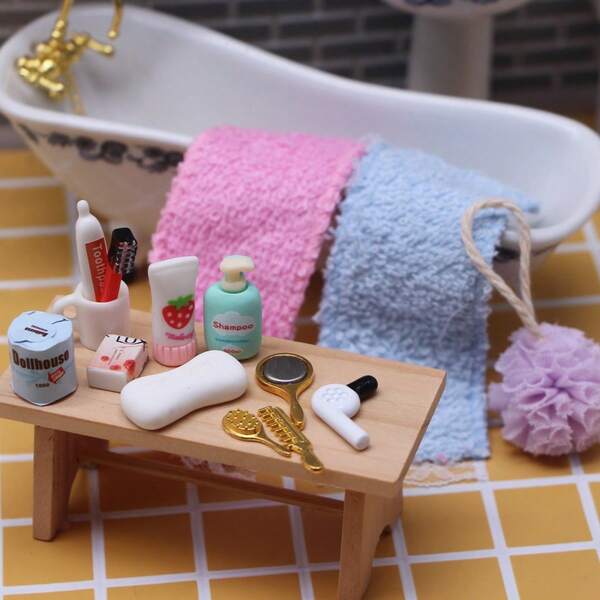Dollhouse Mini Bathroom Supplies Dressing Tool Accessories Set Model Props Simulated Comb, Hair Dryer, Mirror, Soap Playhouse Toy