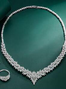 5 件镀铑方晶锆石奢华项链、手链、耳环、开口戒指首饰套装，由 Tylionnejewelry 出品，适合优雅婚礼、节日派对、礼物 - 銀色 - 查看 4