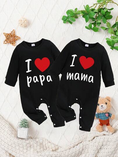 2pcs Baby's I LOVE PAPA & I LOVE MAMA Print Casual Long Sleeve Jumpsuit, Baby Boy's Jumpsuit For Fall & Winter Outdoor Play