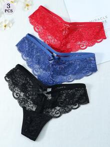 3pcs/Set Sexy Lace Thong Panties, Low Waist For Women - Multicolor - View 2