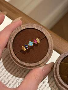 1pc Stainless Steel Korean Fashion Fresh Dopamine Colorful Four-Leaf Clover Ring, Elegant Design Elegant High-End Women's Finger Ring - Yellow Gold - View 6