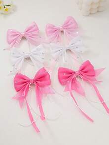 10pcs/Set Girls Colorful Ribbon Pearl Chain Bow Hairpins Heart Rhinestone Bow Decor Cute Hair Clips, Suitable For Daily Use - Multicolor - View 2