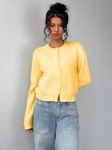 Cárdigan corto con botones, informal, elegante, de manga larga, con cuello redondo y color sólido suelto para mujer, adecuado para otoño e invierno. - Amarillo - Ver 3