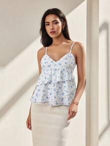 Women's Maternity Camisoles Spaghetti Straps Floral Pattern Ruffled V Neck Crop Tank Tops For Summer - Blue - View 6
