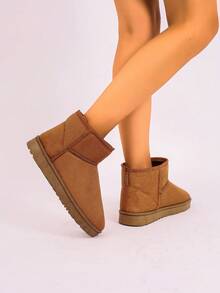 女士冬季靴，女士毛绒靴，女士雪地靴，短款毛绒保暖雪地靴，时尚软底毛绒保暖踝靴，防滑舒适黑色雪地靴 - 駝色 - 查看 7