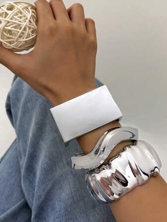 1 件奢华复古夸张不对称波浪光滑金属手链套装，百搭合金手镯适合酒吧、夜店、街头、毕业礼物、高端场合