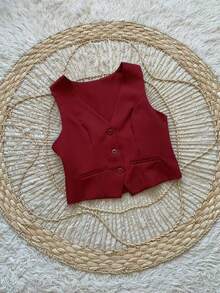 Stylish Premium Tailored Vest And Pants Set Simple Elegant Pocket Buttons On The Front Office Beach - Burdeos - Ver 8