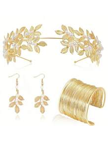 5pcs/Set Greek Goddess Style Clothing And Accessories Set, Including Leaf Shaped Crowns, Headbands, Bracelets, Earrings, Bridal Headpieces Halloween