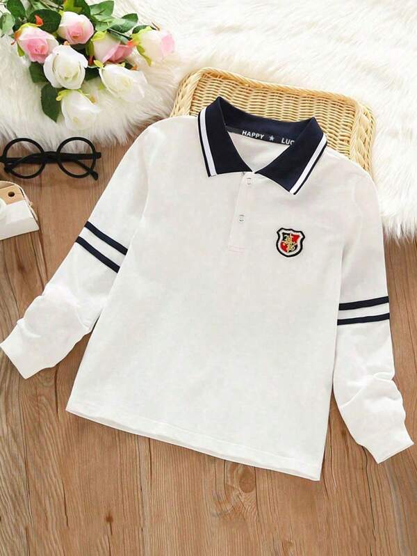 Camisas soltas casuais de gola polo para meninos pré-adolescentes, camisetas de manga comprida estilo britânico, tops da moda primavera outono