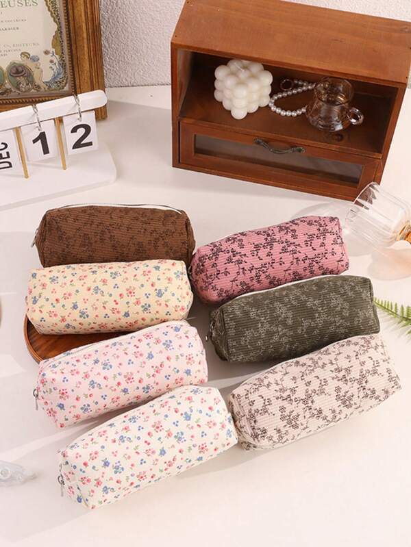 1pc Corduroy Floral Pencil Case, School Supplies, Large-Capacity Simple Stationery Storage Bag