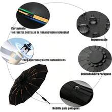 Sombrilla Automática para Sol y Lluvia UPF50+, Paraguas Reforzado Hombres y Mujeres, Superficie Extragrande de 120cm, Apertura/Cierre con un Botón, Adecuada para 2-3 Personas - Negro/Beige/Rojo/Azul - Negro - Ver 10
