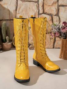 秋冬女式花卉刺绣中筒靴，时尚系带侧拉链靴，圆头粗跟舒适防滑正装靴 - 黃色 - 查看 6